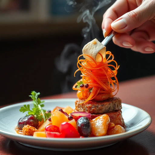 hyper-realistic, culinary artistry, vibrant color palette, exquisite detail, natural lighting, gourmet presentation, intricate textures, lush ingredients, culinary elegance, food styling, tantalizing composition, gastronomic delicacy, modern cuisine, masterful technique, elevated presentation, emotive flavors, rich tones, sensory appeal, visual feast, contemporary realism, nuanced lighting, exquisite craftsmanship, culinary imagination, sumptuous dish, dining experience