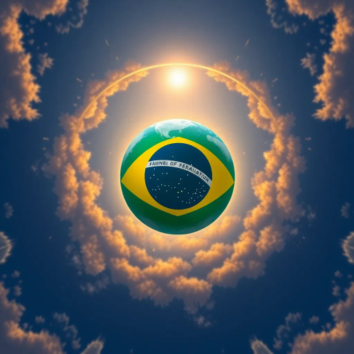 vivid colors, national symbol, Brazil, celestial sphere, infinite sky, tropical vibrancy, geometric symmetry, modernist influence, bold lines, emerald green, golden yellow, azure blue, luminescent glow, cultural pride, dynamic composition, contemporary elements, rhythmic energy, abstract representation, South American essence, harmonious balance, global unity, festive spirit, optical illusion, expansive space, contrasting tones
