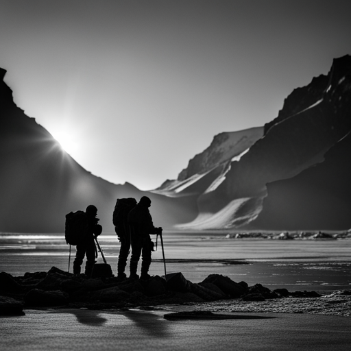 adventurous explorers, vast icy landscapes, snowy terrain, bitter cold winter, snow-capped mountains, heavy snowfall, polar bears, aurora borealis, trekking poles, sleds, survival gear, expedition, determination, courage, endurance