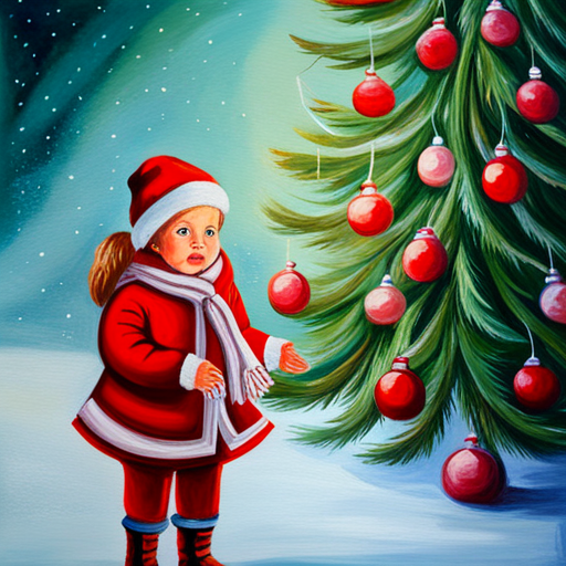 Winter, Children, Christmas Tree, Painting, Vintage, Oil on Canvas, Art, Fine Art, Impressionism, Realism, Snow, Joy, Happiness, Nostalgia, Warmth, Candlelight, Cozy, Traditional, Ornament, Festive, Celebration, Family, Home, Childhood, Seasonal, Illumination