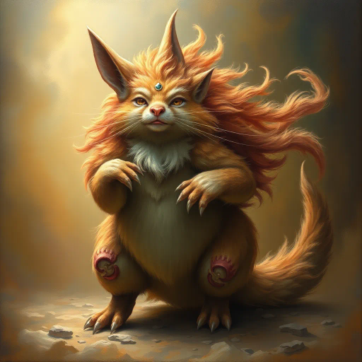 anthropomorphic creature, voluptuous form, vibrant fur, ethereal lighting, Baroque influences, surreal composition, warm hues, detailed textures, oil painting technique, whimsical subject, playful mood, dynamic pose, cultural fantasy elements, large scale, organic forms, soft line quality, fantasy symbolism, dreamlike space, Renaissance era touches, intricate detail, imaginative presentation, fantastical world, narrative depth, emotive expression, enchanted environment, magical realism, mythological motifs, luxurious textures, harmonious color palette, layered symbolism, evocative lighting, timeless quality, enigmatic characters, immersive atmosphere