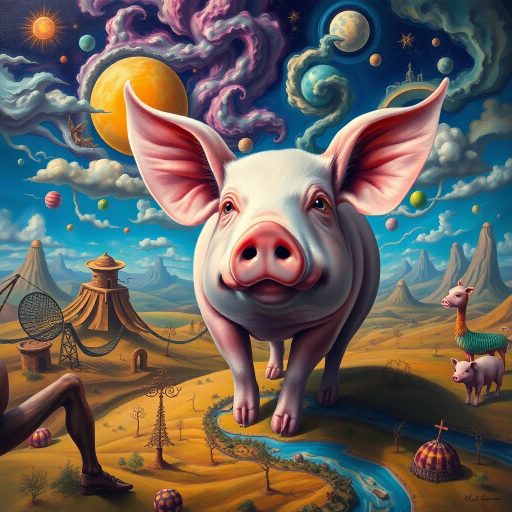surreal, pig, Salvador Dalí influence, fantastical landscapes, vibrant palette, emotional depth, whimsical shapes, intricate details, dreamlike, flowing movement, dynamic composition, ethereal lighting, imaginative textures, multi-dimensional space, playful symbolism, vivid storytelling, narrative exploration