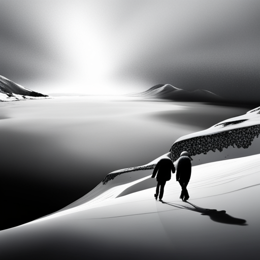 Surrealist Arctic waddle in the winter, depicted in a graphical monotone style. The scene is animated with a looping motion, as the characters slide on ice while maintaining a playful and comedic atmosphere.