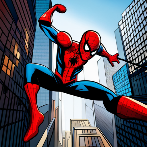 Spiderman, comic book, action, superhero, Marvel, web-slinging, New York City, skyscrapers, red and blue, dynamic poses, web shooters, agility, crime-fighting, mask, spandex suit, Peter Parker, web-swinging, high-flying, urban setting comic-book