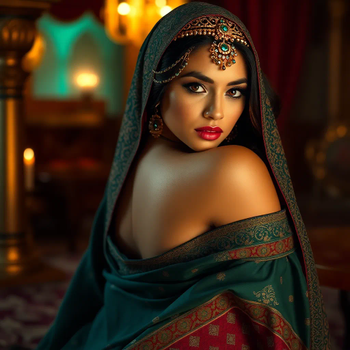 mysterious desert ambiance, sultry allure, arabian influence, exotic beauty, warm sunset glow, intricate patterns, delicate veils, rich golds and indigos, Henri Matisse inspiration, sensual curvature, dynamic movement, inspired by fiction and fantasy, opulent textures, fluid silks, contrast of light and shadow, intimate and bold, art nouveau elegance, sensual exploration, distant dunes, whispers of wind, cultural mystique, intricate henna designs, ethereal essence, graceful poise, visual poetry, emotive depth