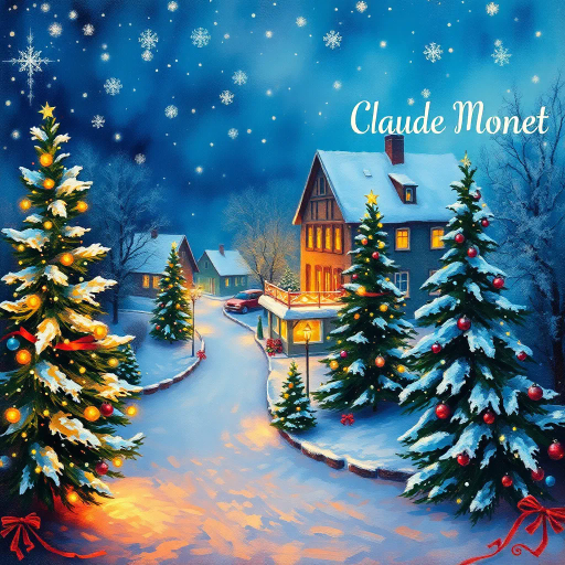 Christmas, winter wonderland, snow-laden landscapes, festive cheer, Claude Monet, impressionism, vibrant palette, twinkling lights, serene atmosphere, warm glow, rich textures, holiday spirit, classic motifs, frosty blues, deep reds, nostalgic charm, joyous celebration, evergreen trees, detailed ornamentation, atmospheric perspective, luminous reflections, cozy warmth, artistic elegance, elaborate compositions, whimsical details, inviting scenes, ethereal glow, soft brushstrokes, art nouveau influence, timeless beauty, winter solstice, harmonious balance