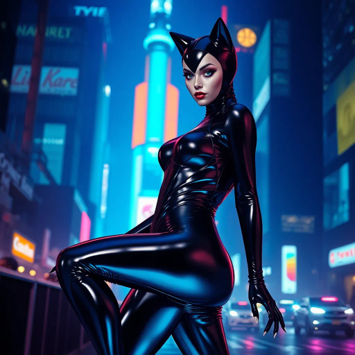 sleek catsuit design, high fashion, futuristic elements, vibrant neon lighting, dynamic pose, bold composition, metallic textures, sci-fi influence, Joan Miró inspiration, night cityscape, cyberpunk aesthetics, mysterious mood, playful elegance, abstract forms, intricate detailing, avant-garde style, fluid movements, bold color contrasts, surreal presentation, depth and layering, unconventional materials, reflections and shadows, elegant silhouette, imaginative realm, Salvador Dali, dreamlike atmosphere, geometric precision, fluid dynamics, visual storytelling, abstract surrealism, enigmatic expressions, ethereal glow, kaleidoscopic patterns, reflective surfaces, overlapping dimensions, contrasting hues, multidimensional perspective, spatial depth, imaginative narrative