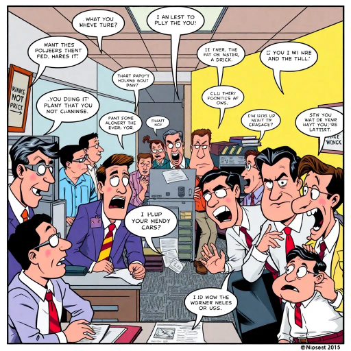 satirical workplace comedy, surreal humor, ensemble cast, bureaucratic chaos, 21st century pop culture, vibrant color palette, exaggerated expressions, dynamic panels, Roy Lichtenstein influences, witty dialogue, mundane office setting, everyday absurdities, overlapping story arcs, exaggerated caricatures, visual puns, contemporary Americana, awkward social interactions, humorous banter, slapstick elements, narrative vignettes, satirical undertones