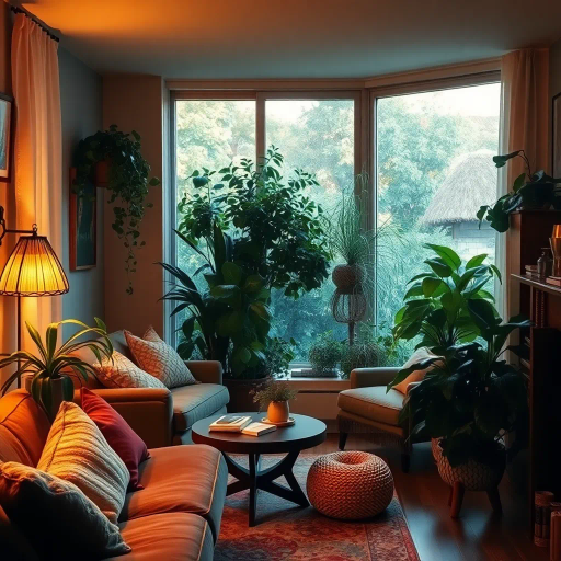 cozy interior, warm lighting, serenity, tranquil atmosphere, impressionist touch, Claude Monet, natural textures, eclectic decor, calming colors, domestic tranquility, peaceful living space, lush greenery, artistic arrangement, warm color palette, soothing environment, artistic composition, harmonious balance, comforting shadows, contemporary design, vibrant yet subtle hues