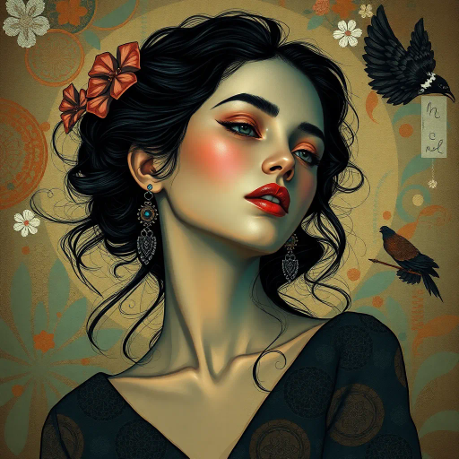 ethereal goddess, renaissance-inspired, chiaroscuro lighting, serene expression, surrealism, bold brushstrokes, celestial colors, flowing robes, delicate textures, vibrant jewel tones, intricate detailing, mystical aura, vaporwave influences, dreamlike atmosphere, novel perspective, modern reinterpretation, dynamic composition, timeless elegance, abstraction, metaphorical essence