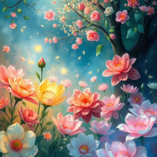 vibrant florals, surreal blooms, ethereal garden, Claude Monet influence, dreamlike atmosphere, luminous petals, soft pastels, Art Nouveau elements, mystical springtime, enchanted landscape, luminous glow, delicate brushstrokes, layered textures, intricate details, mythical fauna, whimsical elegance, organic forms, serene nature, iridescent highlights, immersive scenery, fantasy, Claude Monet, Art Nouveau, luminous, surreal, enchanted, springtime