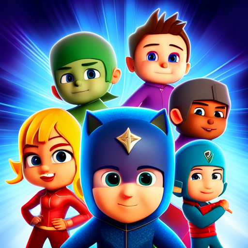 pjmask, cartoon, characters, animated TV series, superheroes, night time, adventure, action, vibrant colors, bold lines, expressive facial expressions, dynamic poses, playful, lively, children's entertainment, masked heroes, teamwork