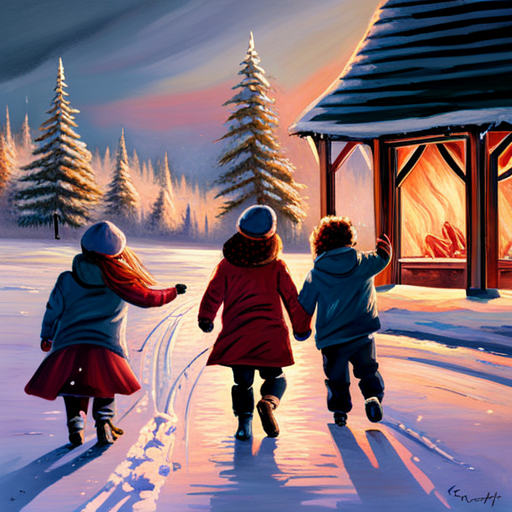 winter, children, Christmas tree, painting, traditional, snow, happiness, family, warmth, nostalgia, innocence, holiday, festive, cozy, realistic, muted colors, detailed, soft lighting, portrait, impressionistic, classic, festive atmosphere, traditional holiday scene, snow-covered landscape, heartwarming, winter wonderland