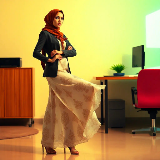 elegant Arab woman, contemporary fashion, hijab, professional attire, modern workplace, high heels, Middle Eastern influence, vibrant colors, soft ambient lighting, dynamic posing, cultural expression, delicate textiles, confident and empowering presence, sophisticated grace, diverse cultural representation, fusion of modern and traditional elements, cultural fusion, empowerment and poise, Impressionism influences, Gustav Klimt inspiration, Art Nouveau elegance, intricate patterns, intricate detailing, vibrant color palette, symbolic attire, office environment, balance and harmony, dynamic composition, surreal lighting, cultural narrative, refined textures, bold symbolism, artistic influences, multicultural dialogue, striking balance, expressive realism, innovative representation, unique fashion, delicate balance, harmonious color palette