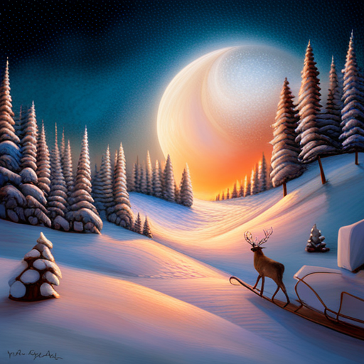 reindeer, Santa Claus, delivering presents, magical, winter wonderland, whimsical, holiday spirit, sleigh, flying, snowy landscape, starry night, festive atmosphere, joyful, celebration, mythical creatures, gift-giving, Christmas, enchanting, fairytale, dreamlike, mystical, fantasy