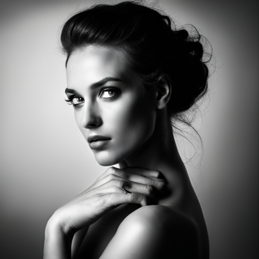 feminine strength, gracefulness, portrait, black-and-white, soft lighting, emotional expression, beauty, empowerment, contemporary, contrast, delicate features, monochrome, dramatic shadows, timeless elegance, chiaroscuro, Renaissance influence, ethereal mood