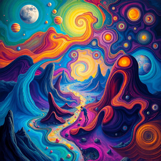 surreal dreamscape, intricate patterns, Salvador Dali, luminous lighting, ethereal ambiance, vivid palette, swirling forms, imaginative landscapes, abstract figures, dreamlike atmosphere, reflective surfaces, flowing textures, dynamic movement, mystical symbolism, infinite space, whimsical elements, vibrant expressions, imaginative worlds, hyper-detailed, otherworldly landscapes