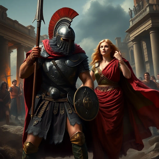 ancient Rome, Sack of Rome 410 CE, Visigothic warrior, Roman lady, dramatic tension, historical narrative, epic composition, chiaroscuro lighting, rich textures, vivid colors, romanticism, classicism, dramatic movement, cultural clash, historical saga, detailed armor, flowing Roman robes, emotional intensity, symbolic imagery, layered composition, heroic scale, classical architecture backdrop, dynamic interactions, historical realism, artistic storytelling, power and grace, clash of civilizations, evocative mood, intricate detailing, timeless conflict, artistic depth, dramatic contrast