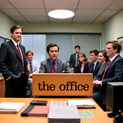 The Office, TV show, satirical humor, vibrant, Steve Carell, ensemble cast, mockumentary style, quirky, everyday life, work environment, subtle irony, character dynamics, Michael Scott, Dunder Mifflin, Scranton, Pennsylvania, documentary filming, 2000s television, comedic timing, deadpan expression, cultural phenomenon, paper company, witty banter, office antics, relatable humor, office supplies, Jim Halpert, Pam Beesly, Dwight Schrute, team dynamics, overhead fluorescent lighting, mundane yet charming, round camera angles, workplace relationships