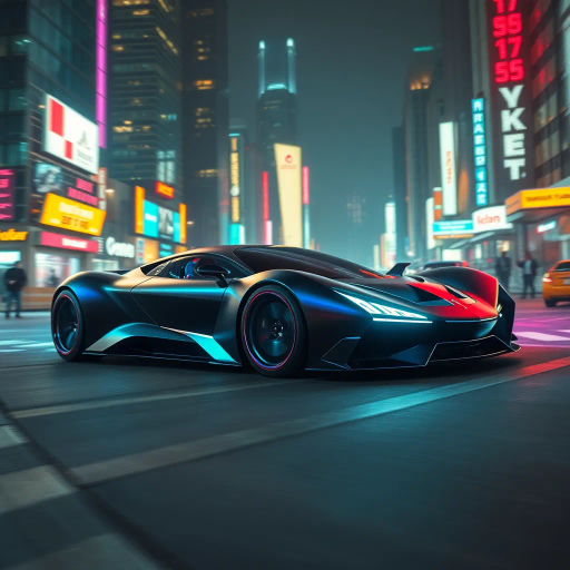 futuristic car design, sleek lines, chrome finish, vibrant neon highlights, dramatic lighting, dynamic movement, aerodynamic shape, retro-futurism, precision engineering, urban environment, concept art, high-tech materials, hyper-realistic detailing, modern aesthetics, speed and agility, metallic textures, ambient atmosphere, avant-garde composition, illuminated cityscape, art deco influences