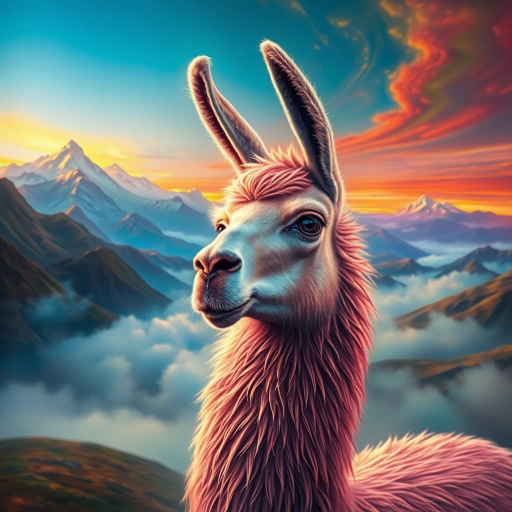 mystical llama, Salvador Dalí, surreal landscapes, vibrant colors, flowing textures, ethereal glow, fantastic realism, imaginative creativity, otherworldly ambiance, enchanted highlands, dreamlike scenery, mythical charm, dynamic composition, magical realism, cloaked in mist, detailed fur, luminous alpenglow, whimsical allure, gentle majesty, impressionistic, radiant horizon