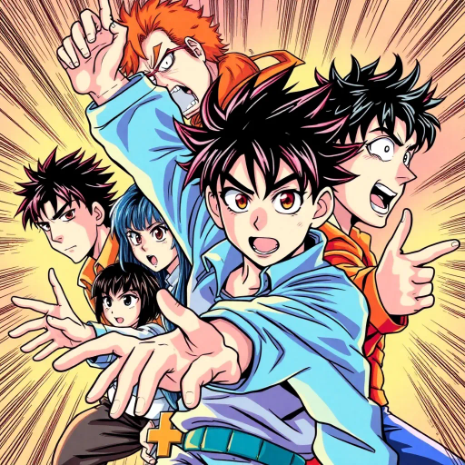 dynamic characters, intricate costumes, vibrant energy, vivid emotion, bold lines, expressive eyes, dramatic angles, energy bursts, vibrant colors, stylized action, cultural references, fantastical elements, modern storytelling, fluid motion, intense drama, character evolution, narrative depth, vibrant landscapes, animated world, stylistic exaggeration, Manga influences, deep shadows, contrasting tones, dynamic composition