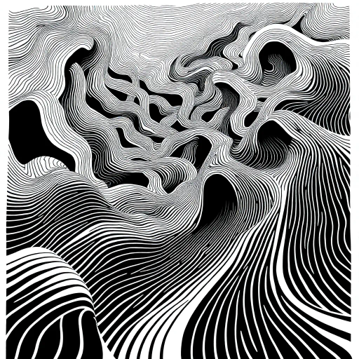 geometric shapes, intricate patterns, flowing lines, minimalist design, abstract expression, monochrome palette, dynamic movement, M.C. Escher influence, precise detailing, linear perspective, conceptual exploration, visual harmony, contour emphasis, spatial depth, contemporary influence, surreal geometry, optical illusion, mathematical artistry, avant-garde composition, abstract forms, pen and ink medium, black and white contrast, intersecting lines, detailed tessellation, fluid dynamics, rhythmic patterns, creative geometry, fine linework, subtle gradients, modern abstraction, artistic innovation, interlocking forms, infinite loops, Escherian landscapes, artistic paradox