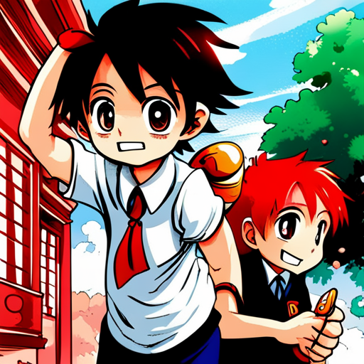 colorful, vibrant, playful, animated, manga, Japanese art, school friends, friendship, youth, dynamic composition, expressive characters, flowing hair, school uniforms, shy girl, boyish boys, contrast, emotional connection, joyful, energetic, lively, manga artist, manga style, school setting, emotive facial expressions, detailed backgrounds, iconic poses, action-packed, adventurous, fun