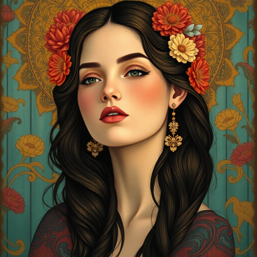 elegant young woman, captivating beauty, by Gustav Klimt and Alphonse Mucha, Art Nouveau influence, vivid color palette, soft lighting, intricate patterns, ornate detailing, ethereal atmosphere, flowing lines, feminist empowerment, delicate femininity, contemporary twist, emotional resonance, modern elegance, detailed rendering, serene expression, timeless grace, symbolic motifs, harmonious composition