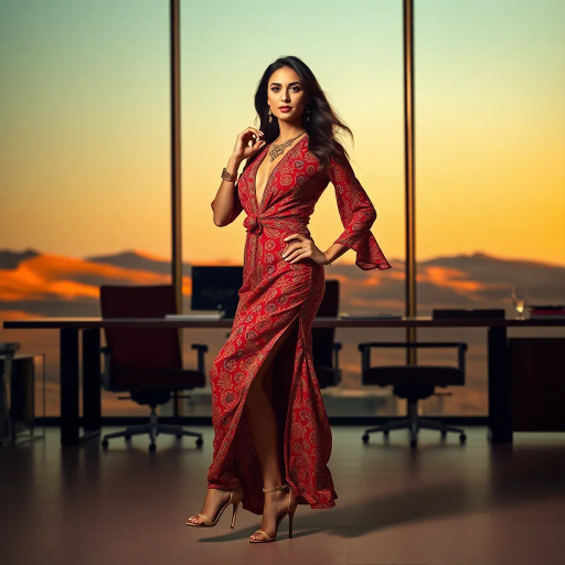alluring Arab beauty, elegant poise, high heels, Henri Matisse and Yves Saint Laurent inspirations, modern elegance, desert oasis and professional setting, golden hour and chiaroscuro lighting, vibrant warm tones, luxurious textures, intricate and traditional Middle Eastern patterns, exotic allure, cultural richness, flowing lines, sensual movement, feminine power, refined and timeless grace, harmonious romantic ambiance, visual poetry, captivating and seductive composition, ethereal mood, desert mirage, artistic flair, expressive body language, sophisticated minimalism, textural contrast, dynamic perspective, poised demeanor, artistic serenity, contemporary realism, nuanced textures, stylish composition