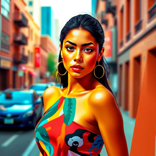 elegant modernity, vibrant Latino essence, captivating beauty, inspired by Frida Kahlo and Diego Rivera, contemporary fashion, dynamic pose, vivid color palette, warm tones, intricate patterns, confident expression, surreal lighting, cultural richness, urban backdrop, artistic flair, stylish sophistication, intricate details, youthful spirit, iconic representation, balance of tradition and modernity, digital brushstrokes, immersive atmosphere
