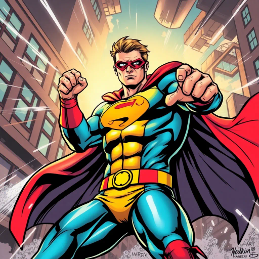 dynamic superhero figure, bold line work, vibrant colors, energetic composition, 20th-century Americana, iconic poses, heroic expression, action-packed, Jack Kirby influences, dramatic lighting, exaggerated proportions, urban backdrop, mid-century modern, pop art elements, narrative storytelling, sequential art techniques, powerful movement, cultural symbolism, graphic novel style, primary color palette