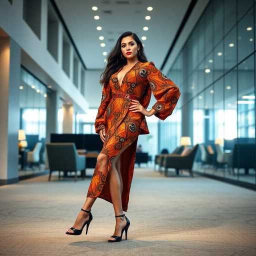 elegant arabian woman, sophistication, high heels, modern office setting, corporate environment, contemporary fashion, vibrant patterns, rich textures, sensual elegance, refined beauty, Henri Matisse inspired, sleek architecture, dynamic composition, soft ambient lighting, cultural fusion, confident posture, intricate detailing, vivid color palette, luxurious fabrics, empowered presence, cosmopolitan atmosphere, artistic expression, bold contrasts, expressive lines, Middle Eastern influences, harmonious balance, subtle gracefulness, innovative design