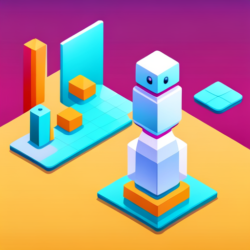 isometric perspective, plastic materials, robot art, digital medium, pop art, geometric shapes, scale, app mascot, vibrant colors