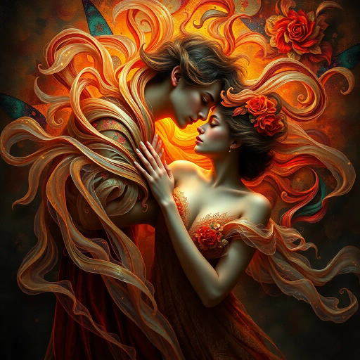 seductive elegance, ethereal allure, vivid passion, romantic symbolism, soft curves, glowing warmth, surreal intimacy, flowing garments, Baroque flair, chiaroscuro, gentle brushstrokes, rich textures, vibrant hues, mythical romance, evocative glance, candlelit setting, ornamental details, luxurious fabric, dreamlike atmosphere, sensual poise, enigmatic aura, fantasy realms, classical influences, timeless beauty, tender expression