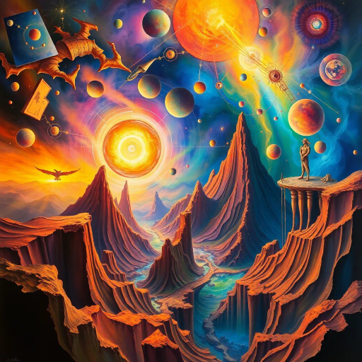 multi-dimensional space, Salvador Dali, surrealism, ethereal light, vibrant hues, abstract geometry, dream-like state, cascading forms, infinite layers, dynamic perspective, cosmic scale, fantastical landscapes, illusionary textures, evocative mood, transcendent symbolism, temporal shifts, intricate details, imaginative opus, intersecting realities, metaphysical essence