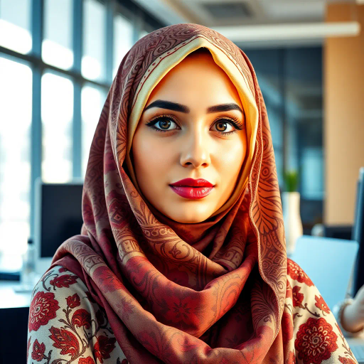 Arab woman, hijab, modern workplace, vibrant colors, intricate patterns, Middle Eastern art, contemporary design, focused expression, harmonious balance, cultural richness, office environment, sunlight illumination, expressive brushstrokes, detailed textures, empowering presence, dynamic composition, calligraphy influence, abstract elements, symmetry, warm tones, high contrast, artistic flair, creative aura, delicate fabric textures, cross-cultural influence