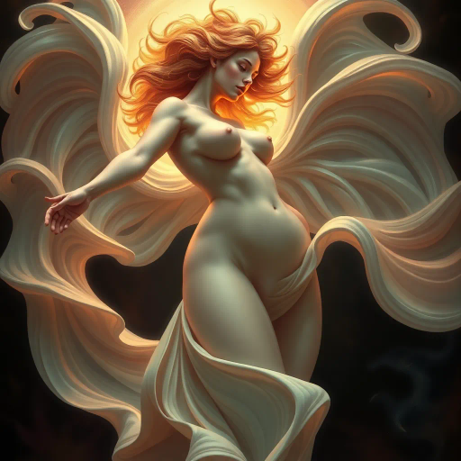 voluptuous form, expansive curves, dynamic energy, bold expressionism, surreal perspective, vibrant color palette, ethereal glow, chiaroscuro lighting, smooth textures, hyper-realistic details, art nouveau influences, delicate line work, intricate compositions, sensual mood, rich contrasts, flowing movement, naturalistic grace, intimate framing, Renaissance echoes, captivating focus