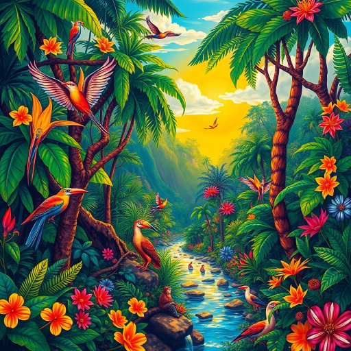 vibrant rainforests, carnival atmosphere, tropical paradise, vivid hues, rich cultural tapestry, Henri Rousseau influence, dynamic movement, rhythmic samba rhythm, surreal and magical realism, lush foliage, intricate details, Brazilian landscape, exotic birds, tropical wildlife, Carmen Miranda, celebratory spirit, festive mood, Tarsila do Amaral, expressive colors, Botero-inspired figures, warm sunlight, vibrant street art, Copacabana beach, Rio Carnival, structural surrealism, mythical elements, enchanting scenery, vibrant street scenes, Jorge Selarón, Afro-Brazilian heritage, whimsical elements, surreal clouds, warm sunlight, fantastical landscapes, bold compositions, sunlit landscapes, expressive brushstrokes, cultural fusion, vibrant colors, radiant sunlight, intricate patterns, energetic composition, modern and indigenous art, playful and joyous atmosphere, Amazon River, chromatic brilliance