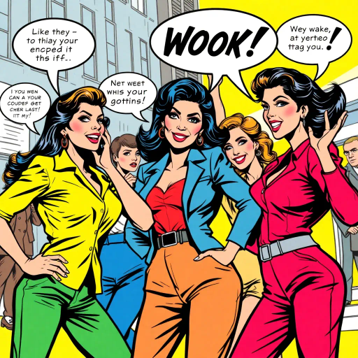 sassy women, dynamic poses, vibrant colors, bold lines, pop art influence, Roy Lichtenstein, expressive faces, modern fashion, urban setting, conversational dialogue, energetic movement, 1960s flair, graphic storytelling, exaggerated features, witty expressions, confident body language, playful mood, focused composition, contrast lighting, colorful costumes, cultural diversity, impactful scenes