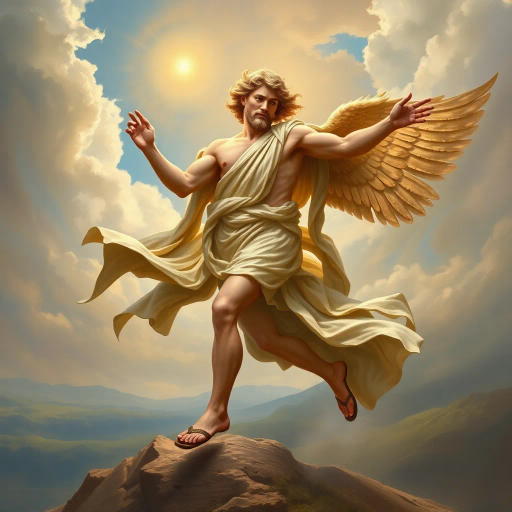 Hermes, Greek god, ancient mythology, divine messenger, wings on sandals, caduceus, swift movement, dynamic pose, classical antiquity, mythological figure, spiritual journey, open sky, ethereal glow, lively expression, flowing robes, bronze sheen, golden highlights, Hermes Trismegistus, Roman frescoes, Homeric influence, celestial ambiance, divine radiance, Olympian grandeur, Renaissance elegance, masterful brushwork, majestic presence, fluid motion, wind-swept landscape, Michelangelo, baroque drama, celestial tapestry, chiaroscuro lighting, mythic narrative, historical symbolism, cosmic perspective, atmospheric depth, mythical elegance, transcendental power, emotion-laden storytelling, allegorical motif, timeless scale