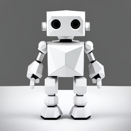 Minimalist, low-poly, geometric robot sculpture with cute features and a clean white background. Emphasizes simplicity and texture with white space and light sources.