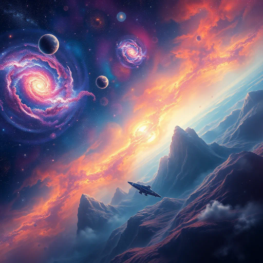 cosmic vistas, celestial landscapes, futuristic, vibrant nebulas, star clusters, vast galaxies, ethereal light, Hubble-inspired, vibrant color palettes, science fiction, surreal horizons, distant planets, cosmic dust, expansive space, swirling shapes, dynamic movement, deep space exploration, imaginative worlds, interstellar travel, otherworldly, surrealism, space-time continuum, vastness, galactic elegance, digital-art, abstract expressionism, Salvador Dalí, cosmic realism, luminescent aura, spectral light, astral phenomena, transcendent experience, cosmic symmetry, infinite expanse, universe tapestry, kaleidoscopic vision, outer dimensions, art cosmos, intergalactic serenity, time-bending realms, Einsteinian influences, cosmic intricacies