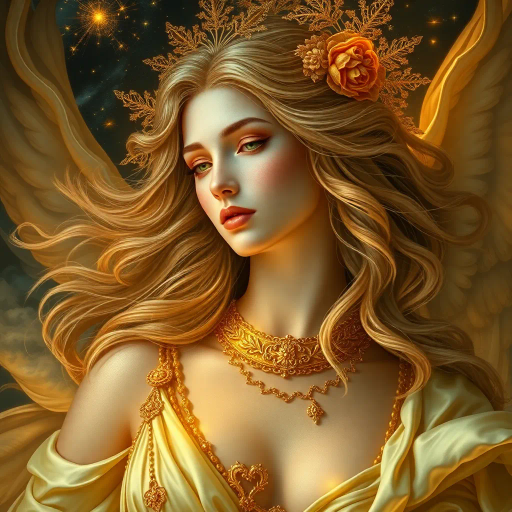 mythical goddess, ethereal beauty, Baroque influence, dynamic composition, vivid golds, soft skin textures, romantic lighting, divine femininity, voluptuous forms, opulent garments, surreal landscapes, luminescent aura, celestial themes, hyper-realistic details, delicate contrasts, elegant poise, Michelangelo inspiration, flowing hair, Renaissance echoes, emotional depth