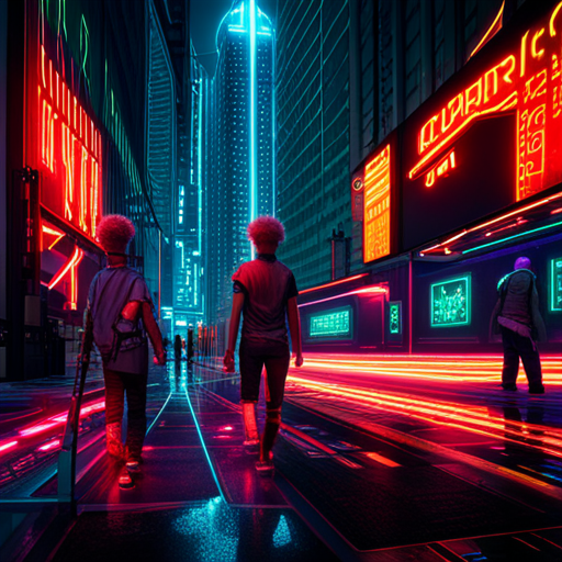 futuristic, sci-fi, cyberpunk, neon lights, dystopian, advanced technology, victory, rebellion, dark alleys, towering skyscrapers, cybernetic enhancements, luminous signs, resilient heroes, urban jungle, neon-punk