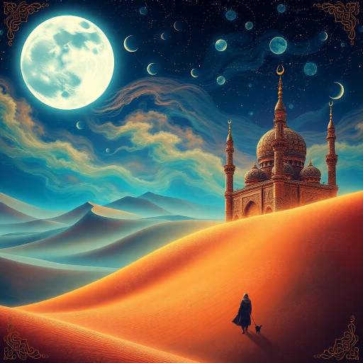 rich cultural tapestry, oriental ornaments, mystical allure, vibrant spices, warm desert hues, Arabian nights, intricate mosaics, celestial bodies, dreamlike surrealism, dynamic calligraphy, caravan journeys, desert oasis, traditional garments, storytelling, opulent palaces, Enki Bilal influences, luminous twilight, magical realism, ancient legends, luxurious fabrics, exotic landscapes, infinite horizons