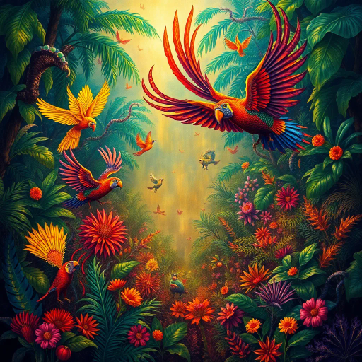 vibrant rainforest, carnival energy, tropical palette, intricate textures, Gustavo Rosa, surrealism, expressive forms, dynamic movement, colorful feathers, mystical beings, atmospheric perspective, lush foliage, samba rhythms, cultural tapestry, radiant lighting, whimsical creatures, vibrant celebrations, exotic wildlife, lively atmosphere, magical realism, imaginative scenery, rhythmic patterns, bold silhouettes