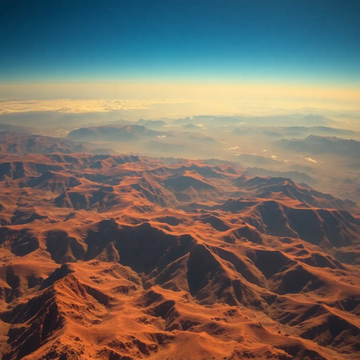 aerial view, landscape tapestry, sweeping vistas, ethereal lighting, golden hour glow, breathtaking panoramas, majestic elevation, Robert Adams influence, wide-angle composition, crisp detail, natural patterns, dynamic perspective, vibrant earth tones, textured terrain, atmospheric haze, environmental storytelling, expansive topography, harmonious balance, serene yet dramatic, cultural landscapes, scale and proportion, visual depth, ephemeral moment, interplay of light and shadow, spatial awareness