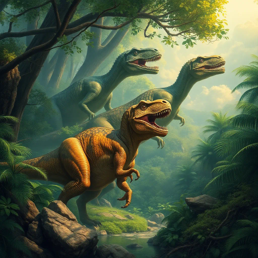 prehistoric creatures, towering dinosaurs, vibrant jungle landscape, Ivan Bilibin, Art Nouveau, dynamic movement, dappled sunlight, rich verdant greens, textured scales, roaring majesty, epic scale, primal earth tones, misty foliage, harmonious balance, mystical ambiance, broad-framed perspectives, mythical interpretations, intricate detailing, ancient worlds, awe-inspiring spectacle, sweeping vistas, timeless exploration