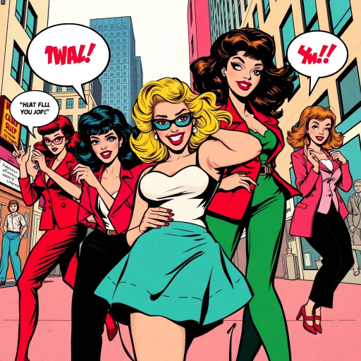 sassy ladies, vibrant colors, dynamic poses, 1960s pop art, bold outlines, Roy Lichtenstein influence, expressive facial expressions, humorous undertones, lively movement, exaggerated features, retro fashion, playful attitude, urban setting, strong female characters, iconic fashion, graphic design, speech bubbles, stylized backgrounds, mid-century modern, dynamic composition, energetic vibe, cultural commentary